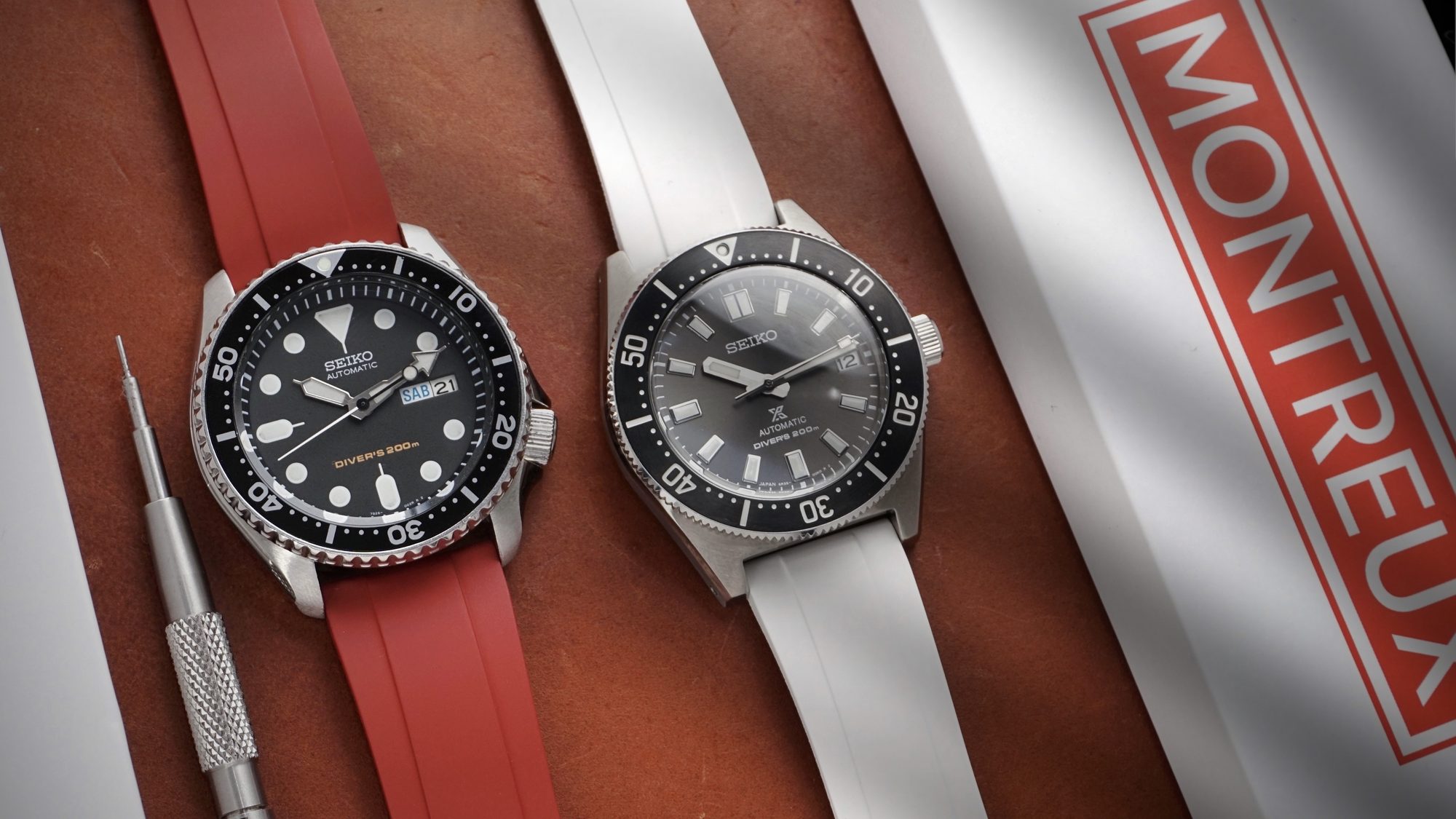 Seiko divers on MONTREUX FKM rubber straps — red and white
